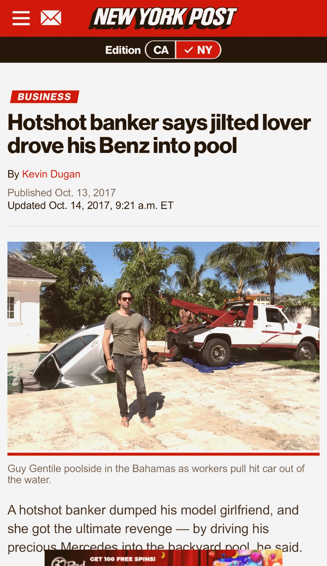 New York Post article: Guy Gentile poolside in the Bahamas as workers pull his Mercedes out of the swimming pool