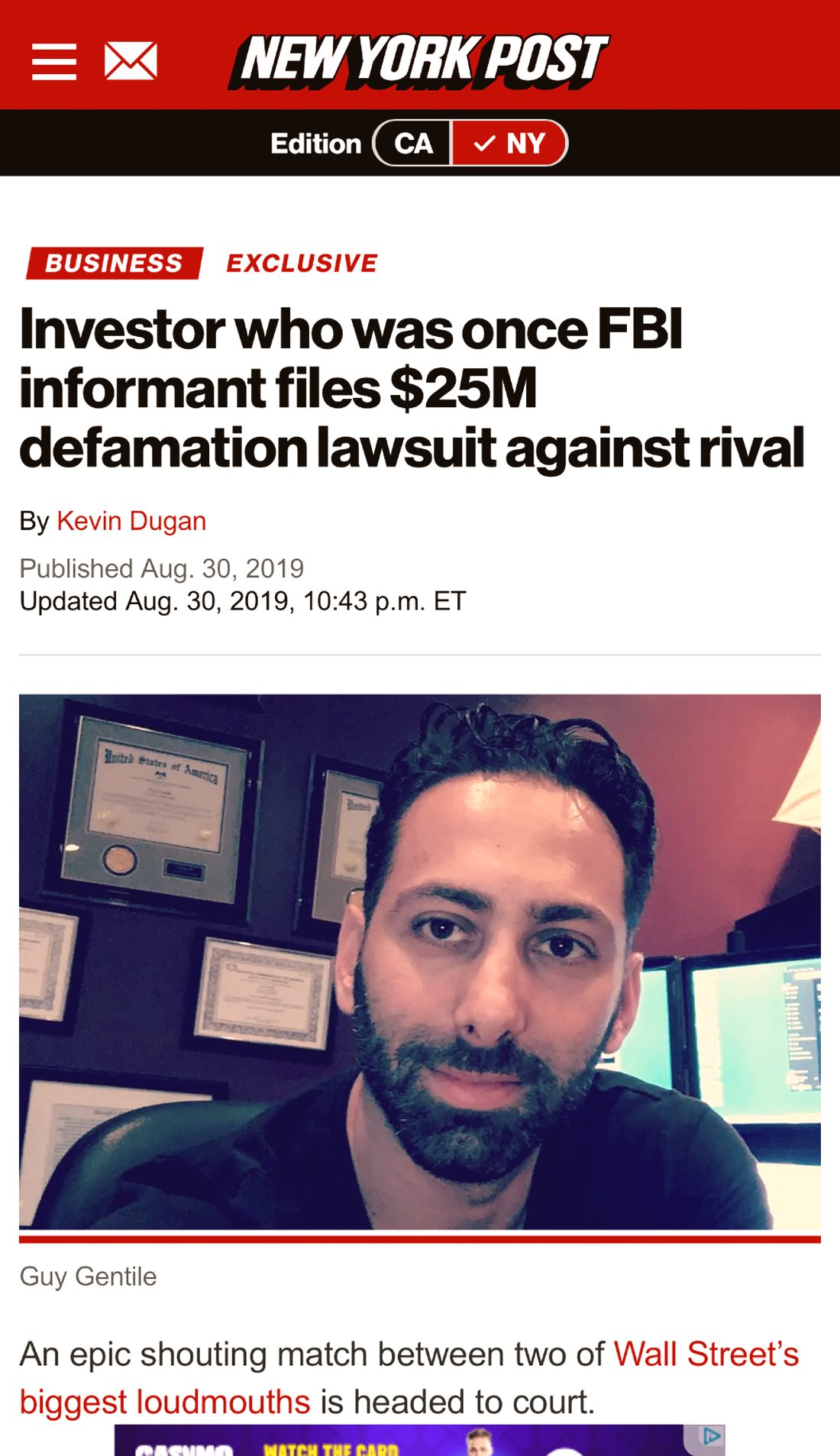 New York Post article: 'Investor who was once FBI informant files $25M defamation lawsuit against rival'