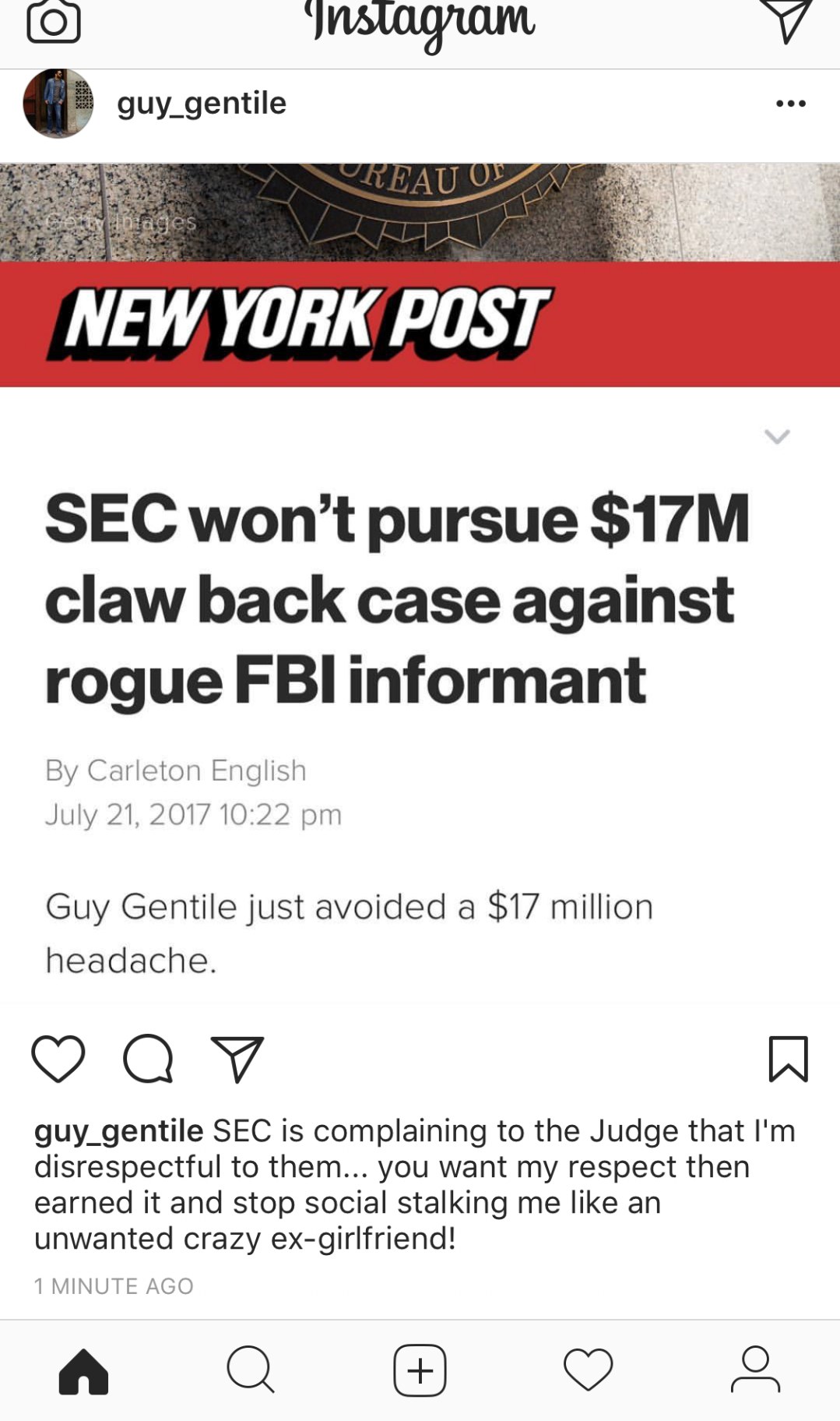 New York Post article: 'SEC won't pursue $17M claw back case against rogue FBI informant'