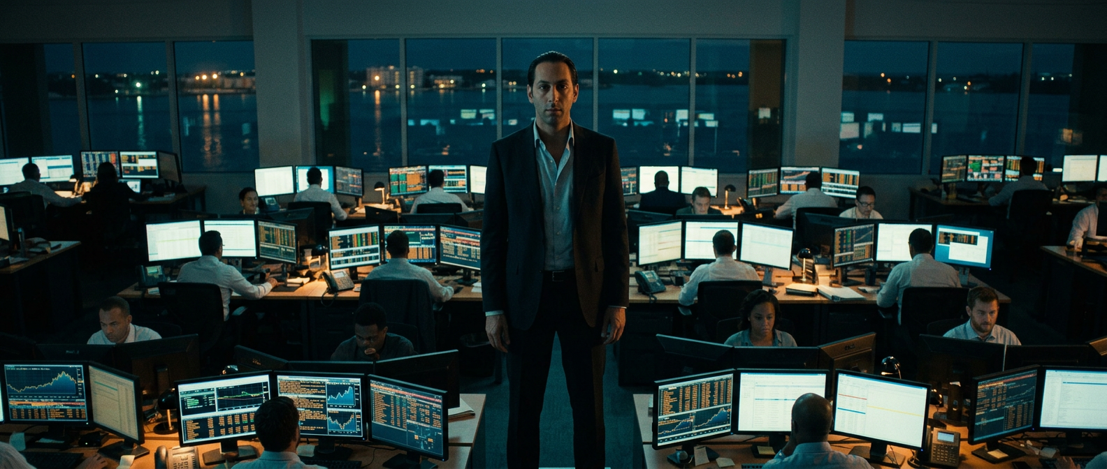 The empire he built. Bloomberg terminals, palms, an empty room.
